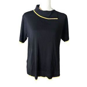 Exclusively Misook Womens Black And Yellow Color Block High Neck Collar